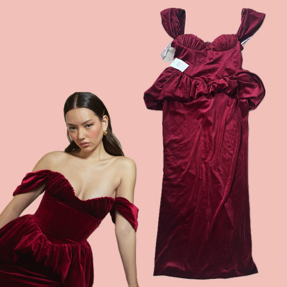 Miss Circle Red Velvet Off Shoulder Peplum Maxi Dress NWT